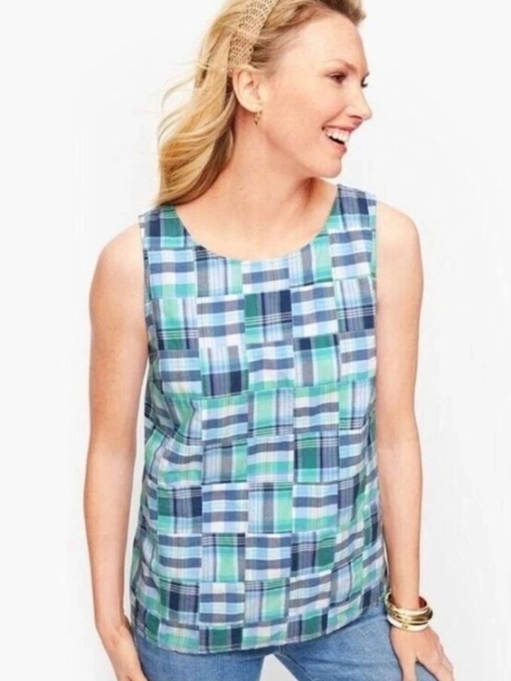 Talbots Women's Size MP Blue Green Madras Plaid Sleeveless Top